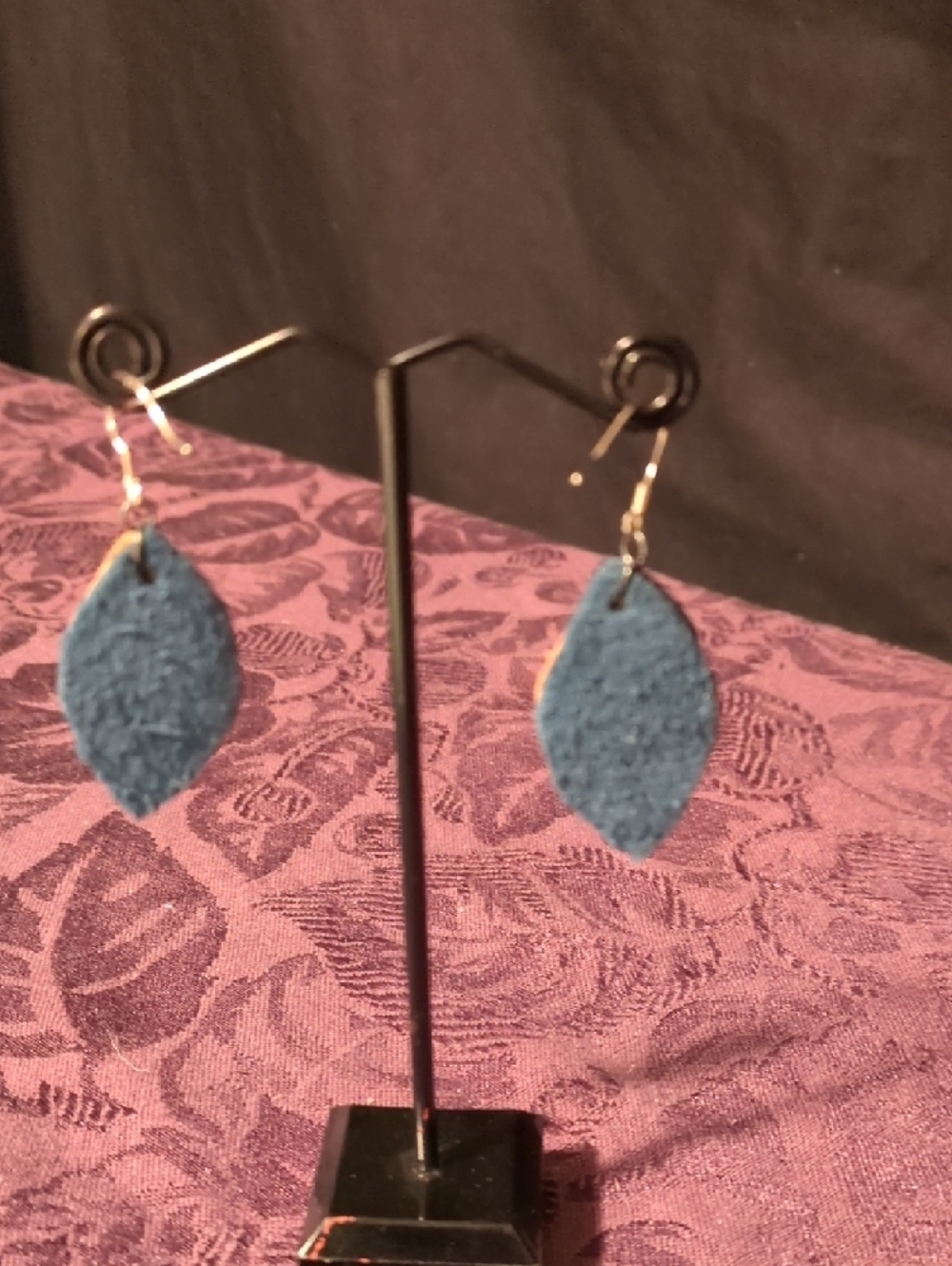Handmade Blue and Tan Genuine Leather Layered Leaf Drop Earrings 925 Hook - Picture 4 of 8